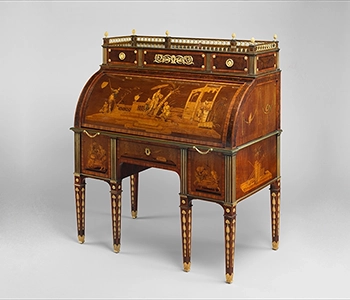 Rolltop Desk. David Roentgen, drawer pulls after a design by Thomas Chippendale, marquetry panel after a design by Januarius Zick