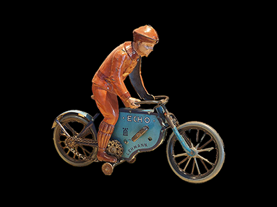 Speelgoedmuseum Deventer, clockwork wind-up tin toy, Echo Lehmann motorbike ca 1900